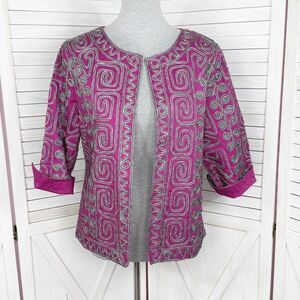 Joni B Braided Ribbon Design Ethnic Boho Crop Blazer Jacket Pink Black Small